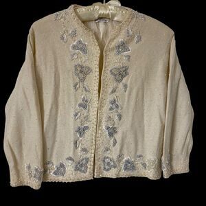 Vintage 50s Cyn Les Sweater Women's Cream Beaded Cardigan Lambs Wool Angora